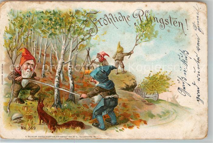 Pfingsten Pentecost Pentecote Zwerge Eichhörnchen Litho