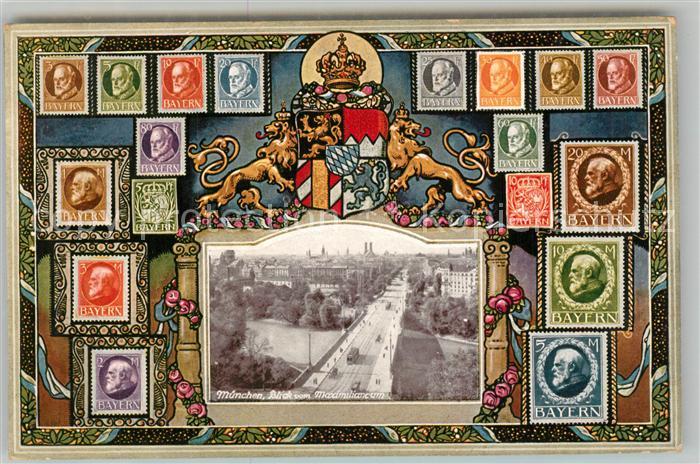 Briefmarken auf Postkarte Bayern Muenchen Blick vom Maximilianeum