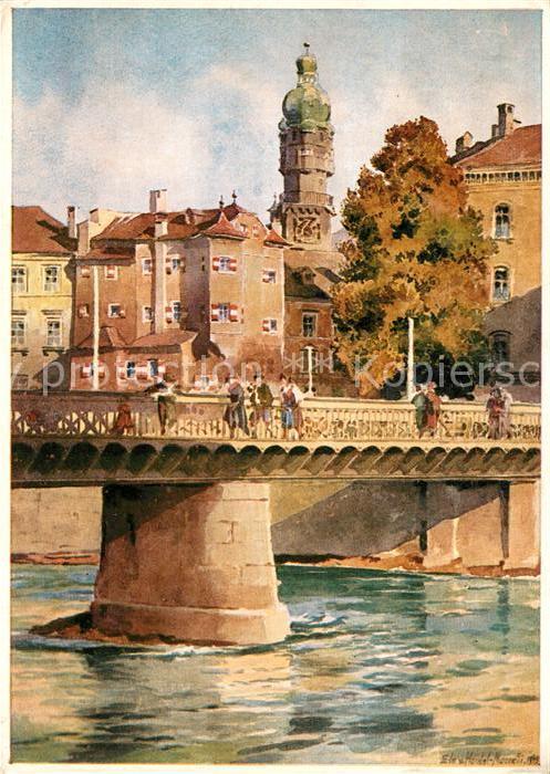 Innsbruck Innbruecke mit Ottoburg und Stadtturm Aquarell