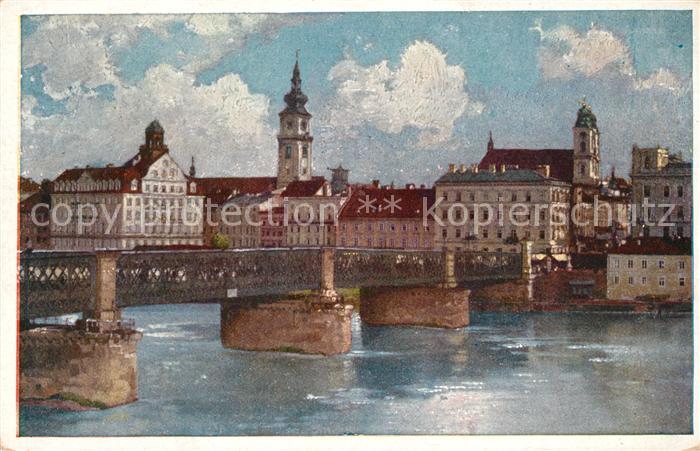 Linz Donau Bruecke und Schloss Kuenstlerkarte