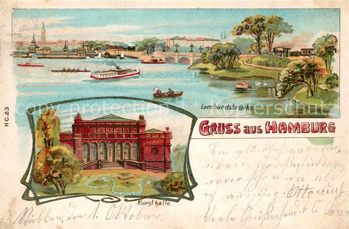 HAMBURG  CITY Lombardsbruecke Kunsthalle Litho