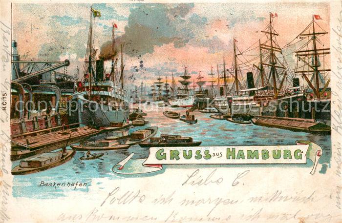HAMBURG  CITY Baakenhafen Segelschiffe Litho