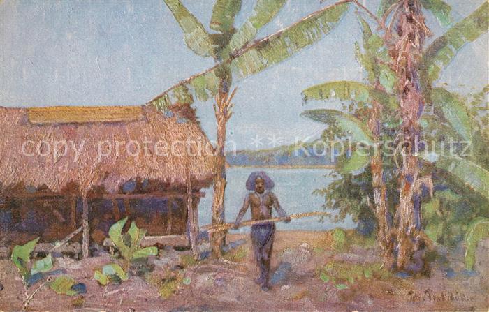 Papua-Neuguinea Inselbewohner Huette Kolonialkriegerdank Verein Kuenstlerkarte P