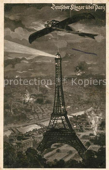 Paris Deutscher Flieger ueber Paris La Tour Eiffel Kuenstlerkarte Deutscher Luft