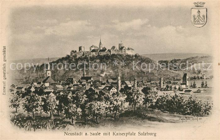 Neustadt Saale mit Kaiserpfalz Salzburg Wappen Kuenstlerkarte