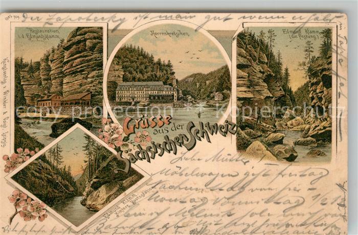 Saechsische Schweiz Restauration Edmundsklamm Herrnskretschen Natur Felsen Litho