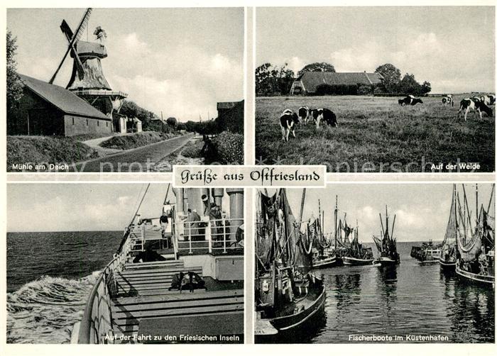 Ostfriesland Mühle am Deich Weide Fischerboote Fähre