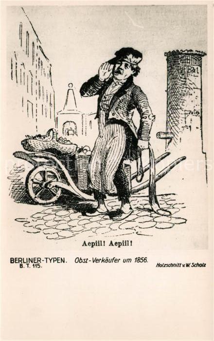 BERLIN  CITY Berliner Typen Obstverkaeufer um 1856 Holzschnitt von W. Scholz