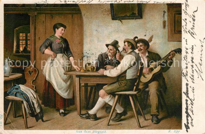 Kuenstlerkarte R. Epp Aus dem Stegreif Kellnerin Männe