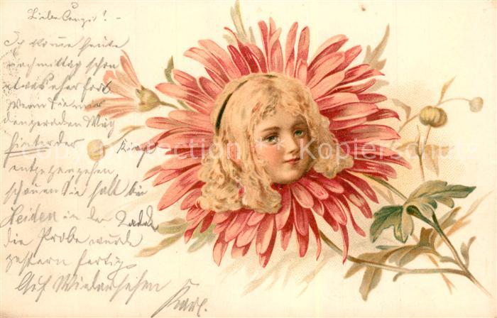 Blumen Kind Mädchen Kopf Litho