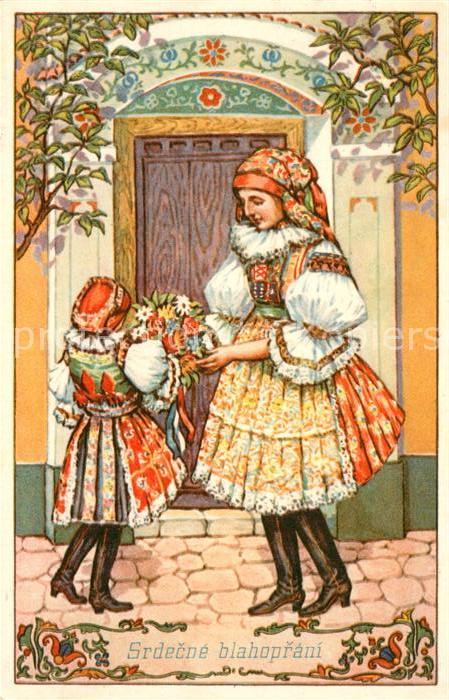 Trachten Tschechien Glückwunsch Blumen Künstlerkarte L. Kra