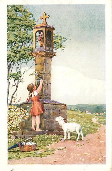Kuenstlerkarte J. Soukupa Kind Lamm Wegkreuz