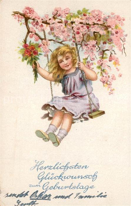 Geburtstag Kind Schaukel Blumen Litho