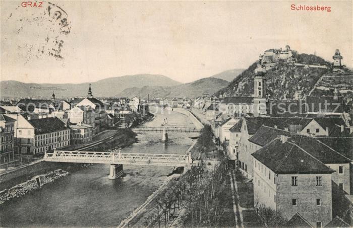 Graz Steiermark Stadtpanorama mit Blick ueber die Mur Schlossberg mit Uhrturm