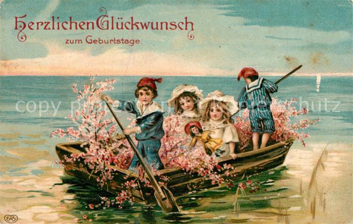 Geburtstag Kinder Boot Paddel Blumen Puppe Litho