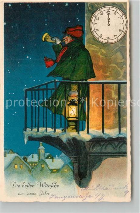 Neujahr Nachwaechter Uhr Laterne Litho