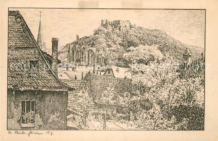 Bacharach Rhein Wernerkapelle und Ruine Stahleck Federzeichnung