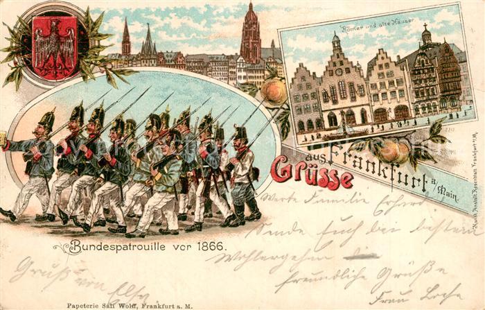 Frankfurt Main Dom Roemer alte Haeuser Bundespatrouille vor 1866 Wappen Litho Ku