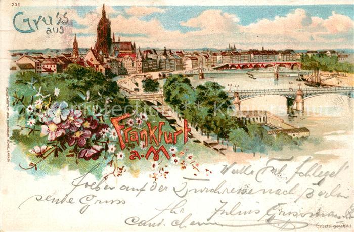 Frankfurt Main Stadtpanorama mit Blick ueber den Main Dom Litho