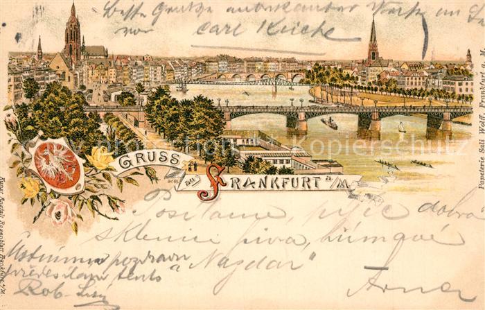 Frankfurt Main Stadtpanorama mit Mainbruecken Dom Kirche Wappen Litho
