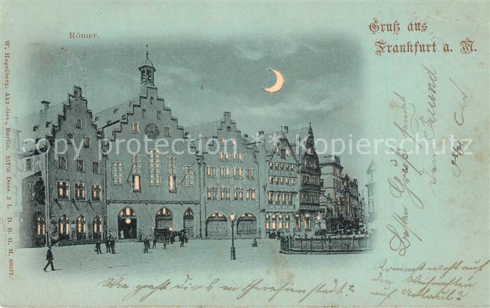 Frankfurt Main Roemer Gerechtigkeitsbrunnen im Mondschein