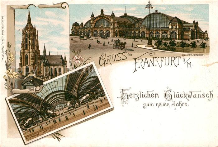 Frankfurt Main Dom Hauptbahnhof Neujahrskarte Litho Deutsche Reichspost