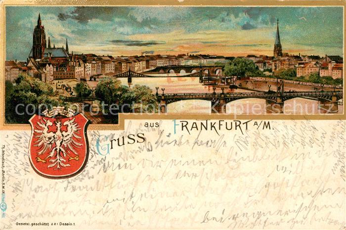 Frankfurt Main Stadtpanorama mit Mainbruecken Dom Wappen Kuenstlerkarte