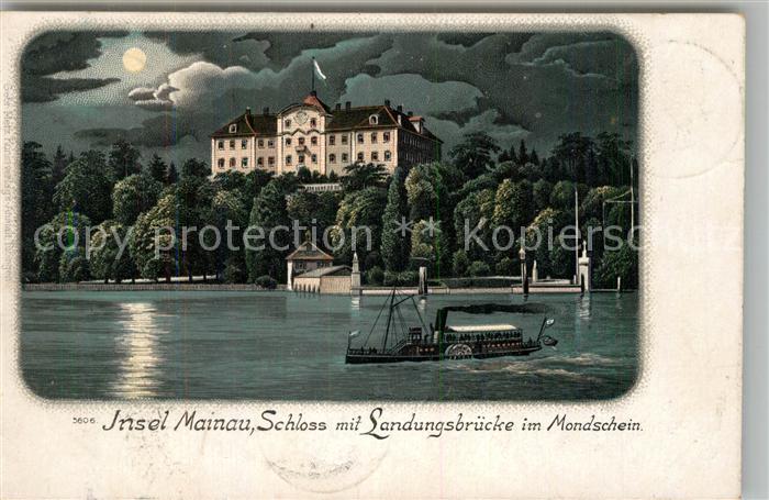 Insel Mainau Schloss Landungsbruecke im Mondschein Litho