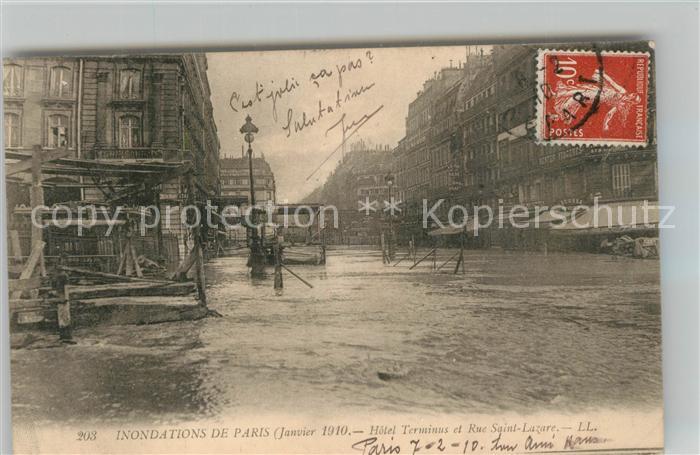 Paris Inondations Janvier 1910 Hotel Terminus et Rue Saint Lazare Hochwasser Kat