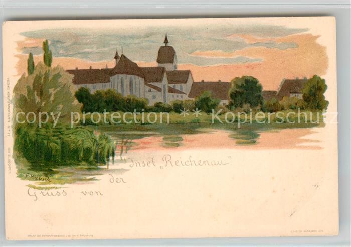 Insel Reichenau Uferpartie am See Kloster Kuenstlerkarte Deutsche Reichspost