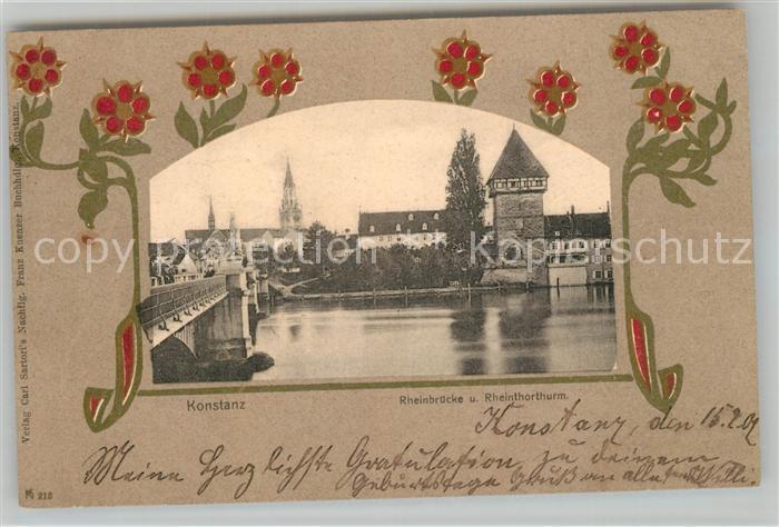 Konstanz Bodensee Rheinbruecke und Rheintorturm Rahmen Blumen