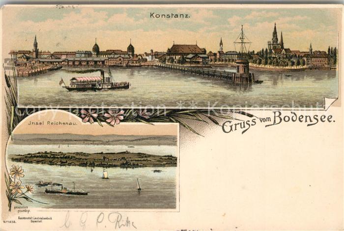 Konstanz Bodensee Hafen Dampfer Muenster Insel Reichenau Litho Deutsche Reichspo