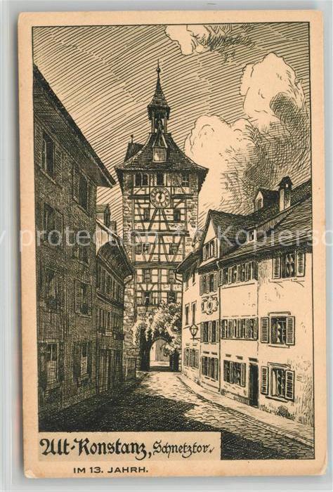 Alt Konstanz Schnetztor im 13. Jhdt. Zeichnung Kuenstlerkarte