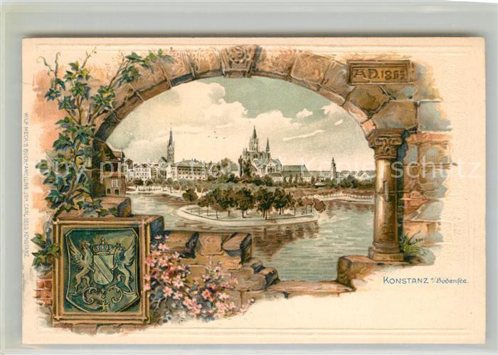 Konstanz Bodensee Stadtpanorama mit Muenster Wappen Kuenstlerkarte
