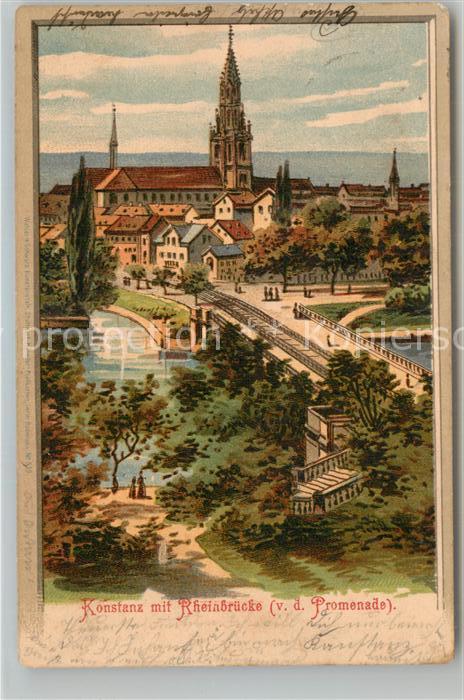 Konstanz Bodensee Blick ueber die Rheinbruecke zur Altstadt Muenster Kuenstlerka