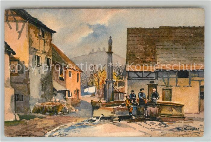 Eguisheim Haut Rhin Dorfmotiv mit Brunnen Kuenstlerkarte