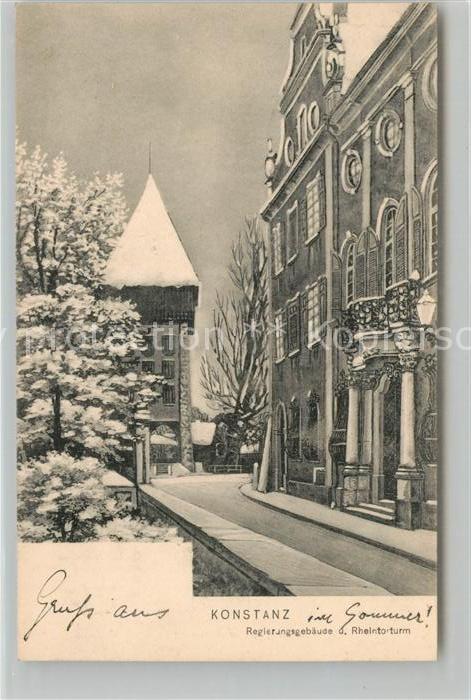Konstanz Bodensee Regierungsgebaeude am Rheintorturm Kuenstlerkarte
