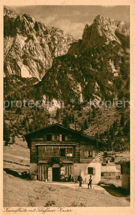 Kaindlhuette mit Scheffauer Kaiser Kaisergebirge Kupfertiefdruck