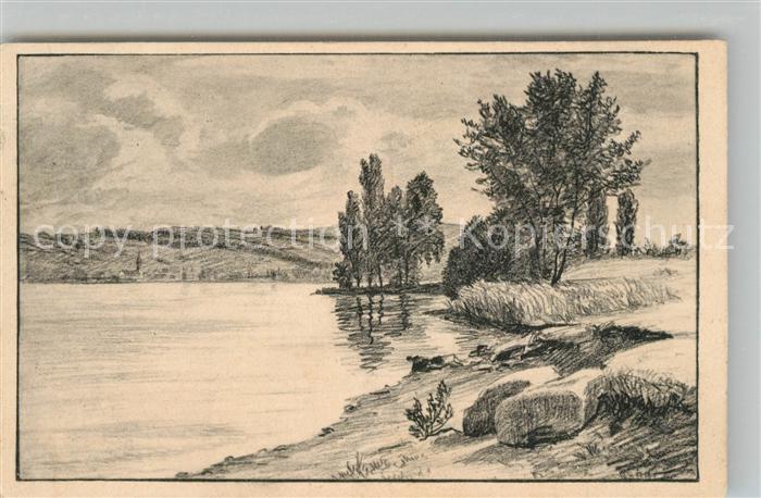 Unteruhldingen Seeufer Hornstaad Badeplatz vom Schloessle Zeichnung Ostermayer