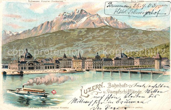 Brunnen SZ Bahnhof mit Dampfschifflaende Kuenstlerkarte