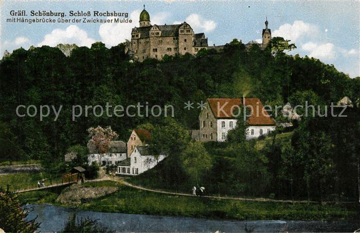 Rochsburg Teilansicht mit Schloss Haengebruecke ueber Zwickauer Mulde
