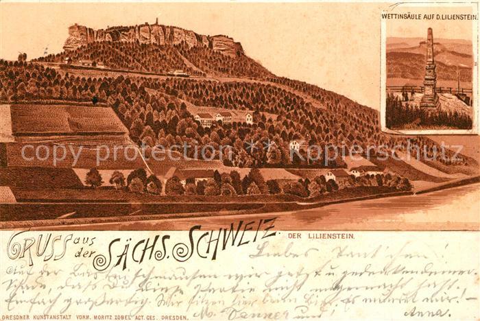 Lilienstein Wettinsaeule Blick zum Tafelberg Elbsandsteingebirge Litho