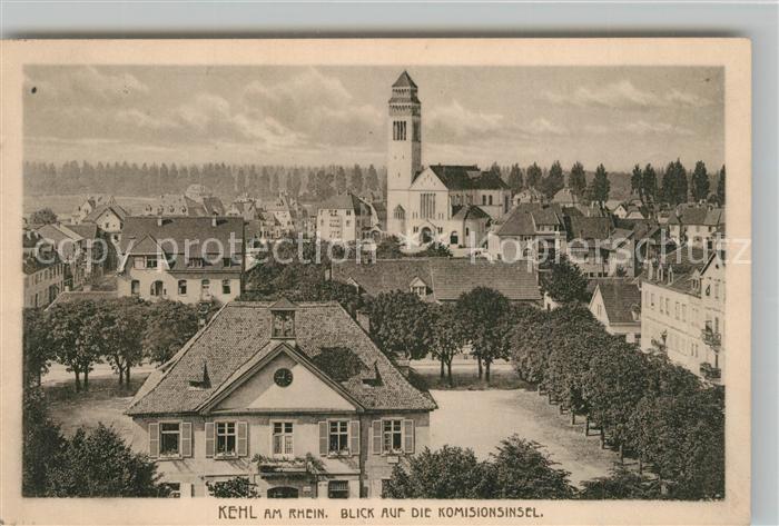 Kehl Rhein Blick auf die Komisionsinsel Kirche