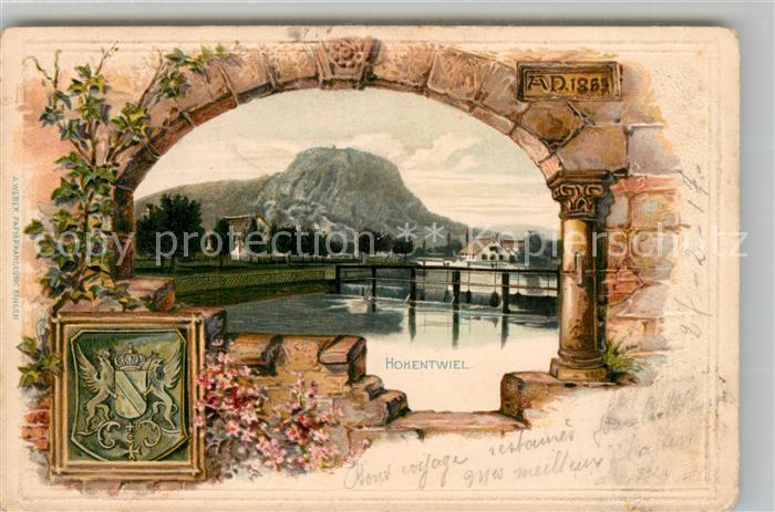 Hohentwiel Durchblick ueber die Aach zur Festung Wappen Kuenstlerkarte
