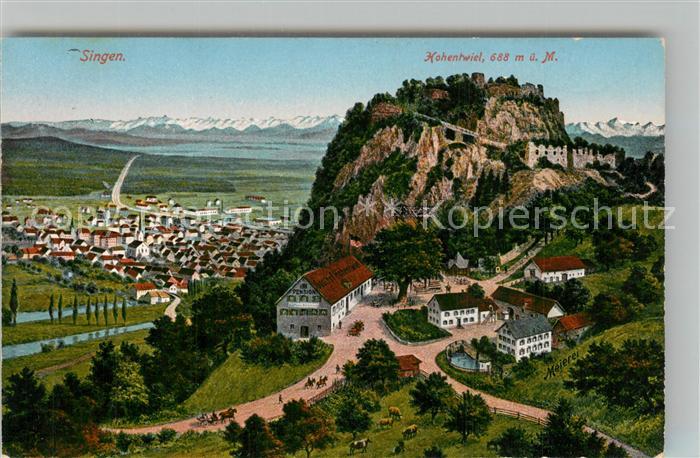 Singen Hohentwiel mit Festung Bodensee Alpenkette Kuenstlerkarte