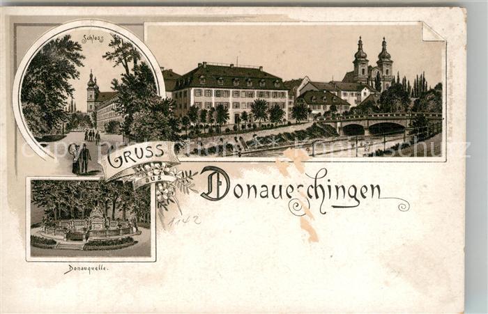 Donaueschingen Schloss Donaubruecke Kirche Donauquelle Litho
