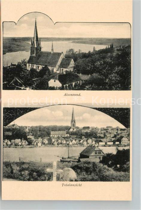 Alsensund Panorama Blick ueber den Fluss zur Kirche