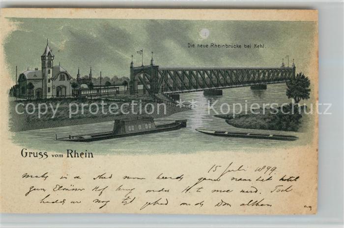 Kehl Rhein Neue Rheinbruecke im Mondschein Litho