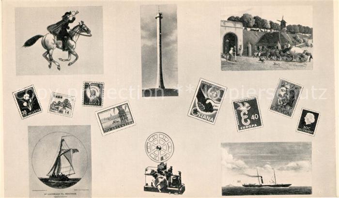 Briefmarken auf Postkarte Daenemark Telegrafie Telefonie Radio
