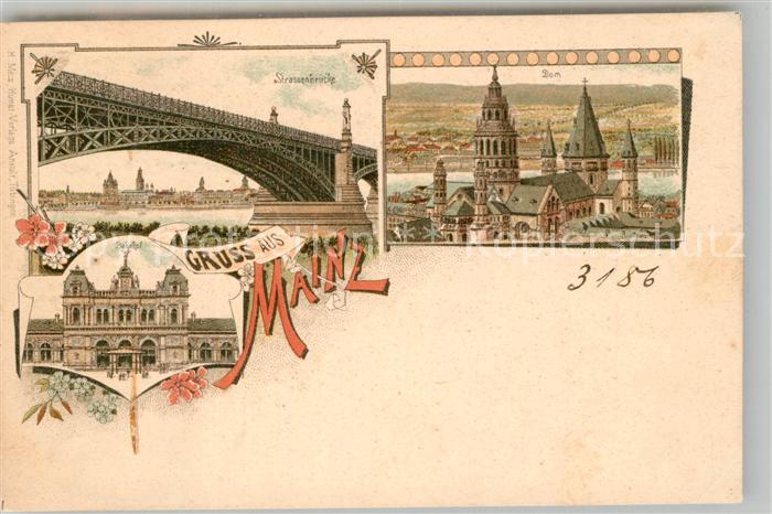 Mainz Rhein Strassenbruecke Dom Bahnhof Litho Deutsche Reichspost